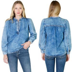 GANNI Organic Cotton Denim Henley Blouse Tencel Puff Sleeve Size 42 M/L Western